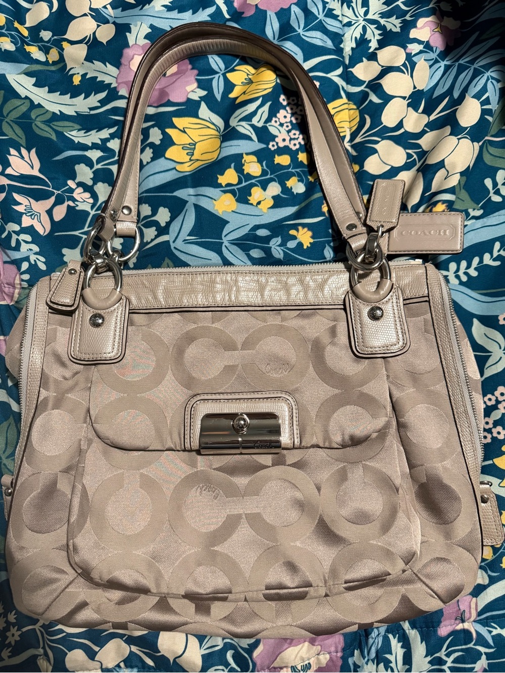 Coach taupe Signature Jacquard Shoulder Bag with Silver Hardware